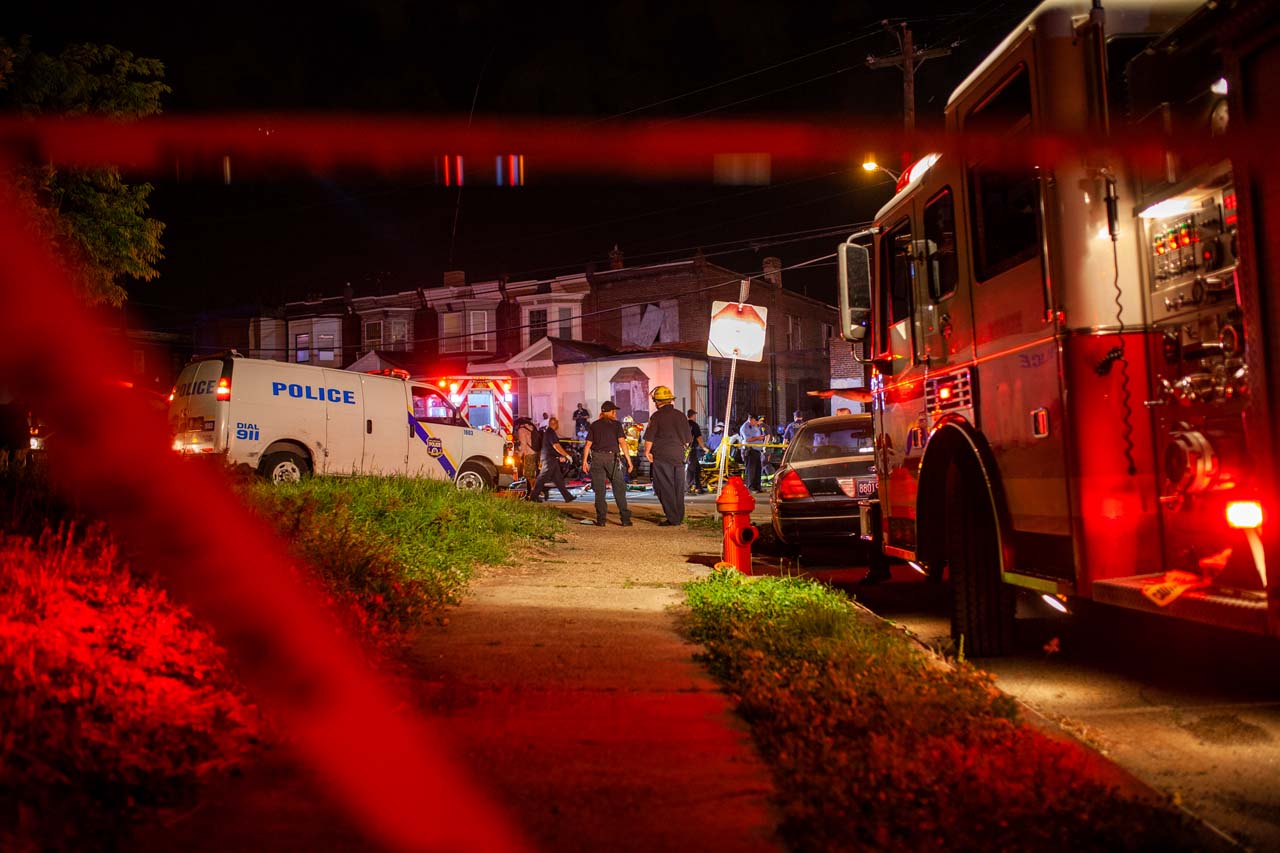 Police and fire vehicles at night